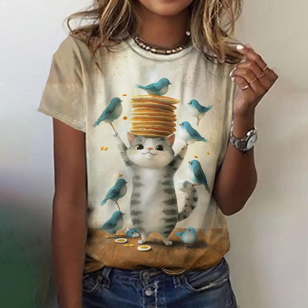 Fun Animal Pattern Women's T-shirt Cat Print Casual Short Sleeved Top