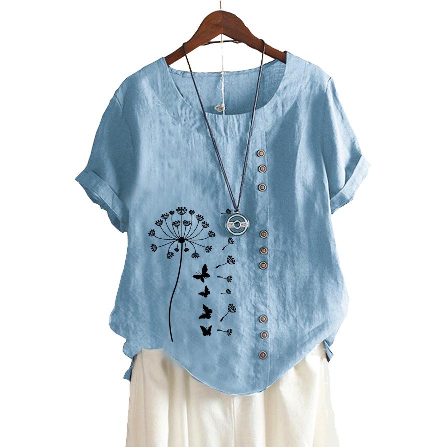 Женская модная хлопковая льняная блузка на лето и осень с круглым вырезом и коротким рукавом, повседневная свободная футболка с цветочным принтом