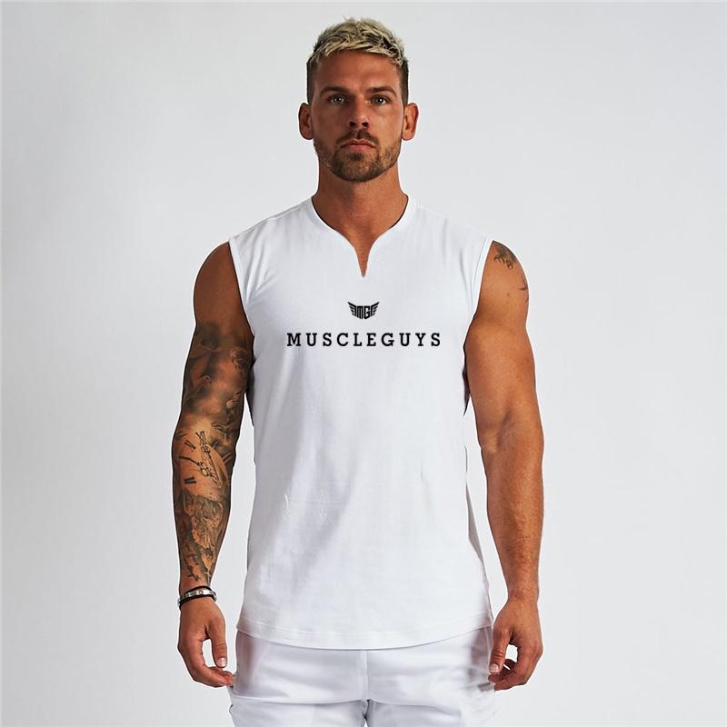 Gym T-shirt Men's Cotton V-neck Fitness Workout Tight Sleeveless T-shirt Men's Bodybuilding Sports T-shirt Top Summer Clothing