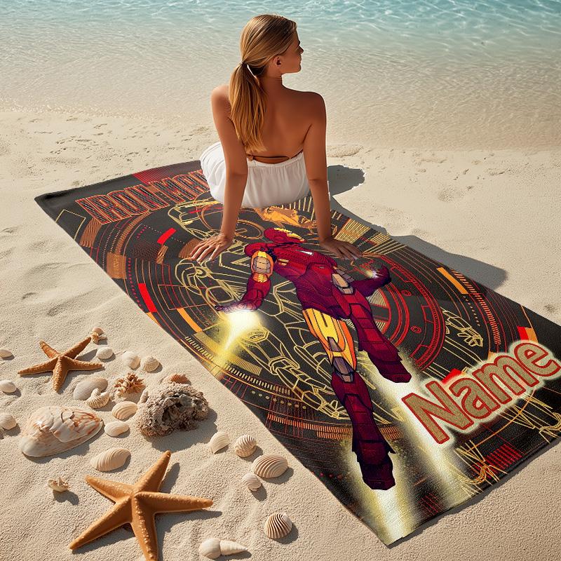 Custom Name Iron Man Flight Stylish Digital Printing Beach Towel Quick‑Drying Absorbent Blanket for Beach Pool Gym Travel