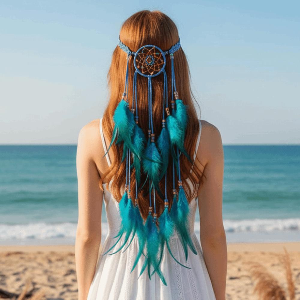 Изящная crocheted лента Бохо с кисточками для волос Племенные перья для наращивания волос Наряд для островного отдыха