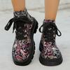 Fashion Ethnic Style New Platform Mid Heel Ankle Boot Women Round Toe Printed Lace-up Non-slip Thick Sole Motorcycle Boots Gothic Shoes