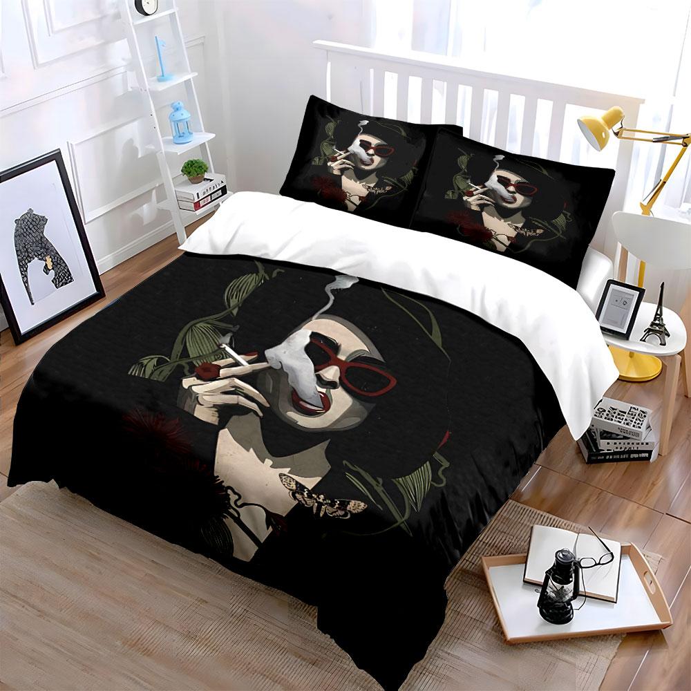 Vintage Smoking Woman Print Bedding Duvet Cover Set Duvet Cover Pillowcases (1*Duvet Cover 2*Pillowcases, without duvet insert)