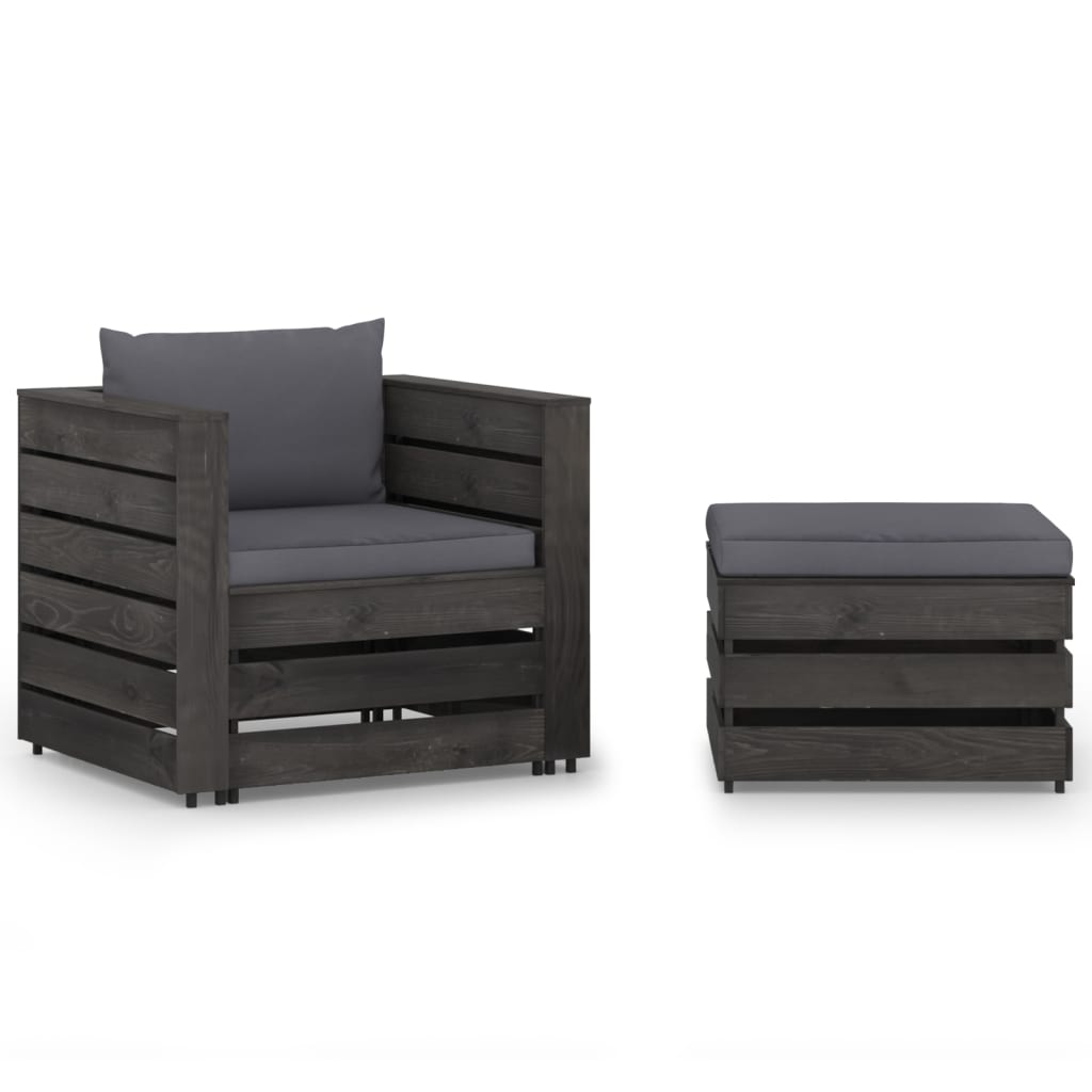 2 Piece Garden Lounge Set with Cushions Grey Pressure Treated Wood