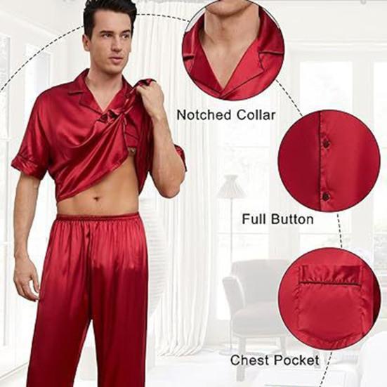 2Pcs/Set Silk Satin Men Pajama Set Notch Collar Button Down Pajama Top with Chest Pocket
