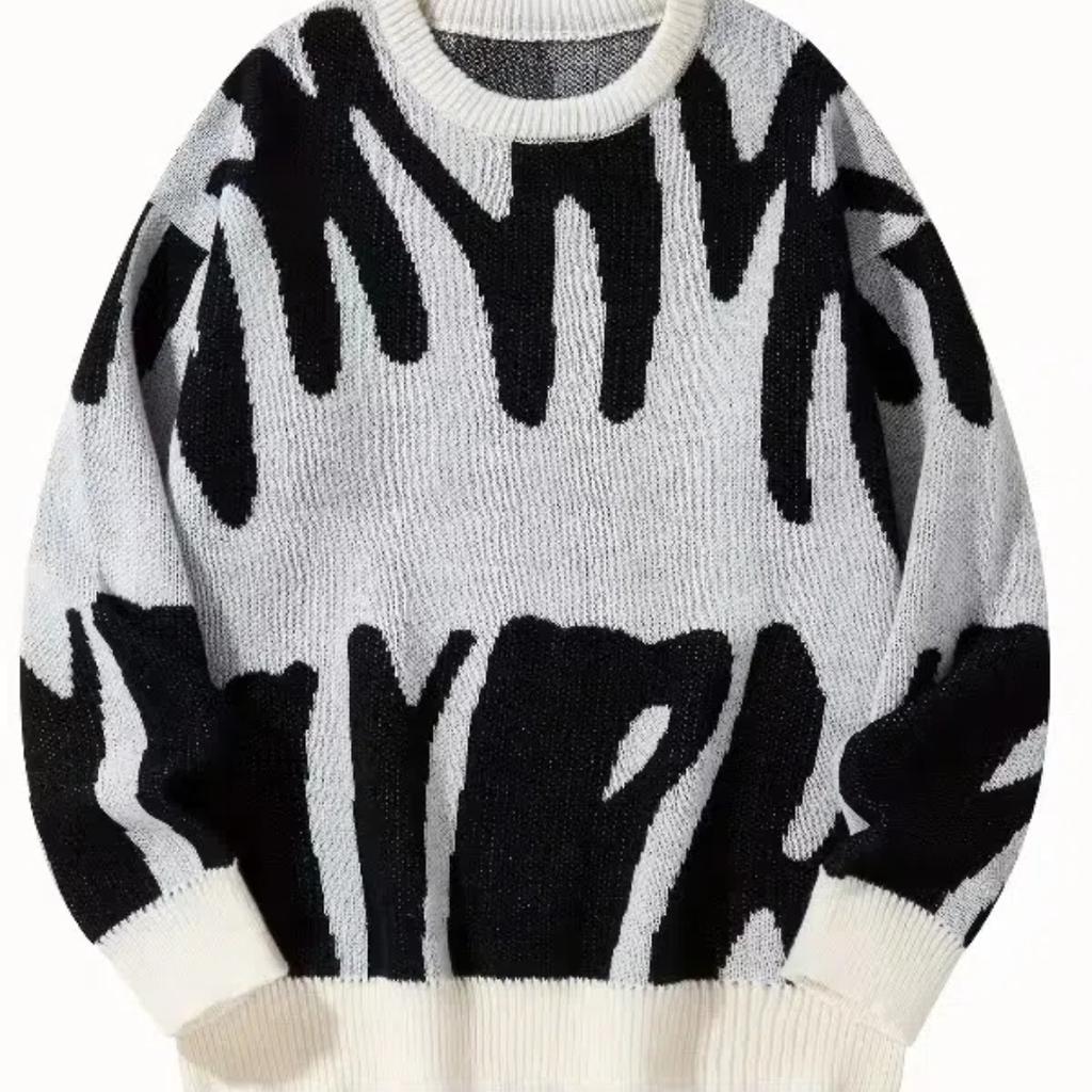 Новый контрастный круглый вырез женский ретро ленивый свободный тренд пара взрывной трикотажный свитер