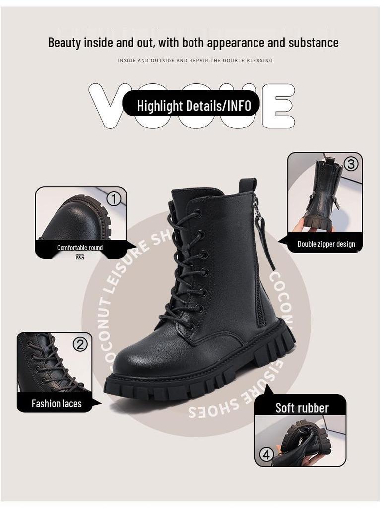 Зима 2025 Ботильоны Мартенсы для девочек с бархатом, кожаные в стиле принцессы для маленьких и больших детей