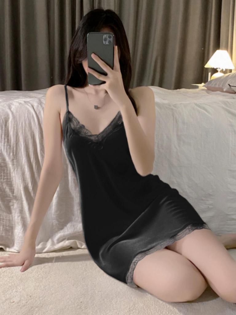 Летняя женская ночная рубашка из ледяного шелка с кружевом 2024 года — тонкая, сексуальная, высококачественная пижама