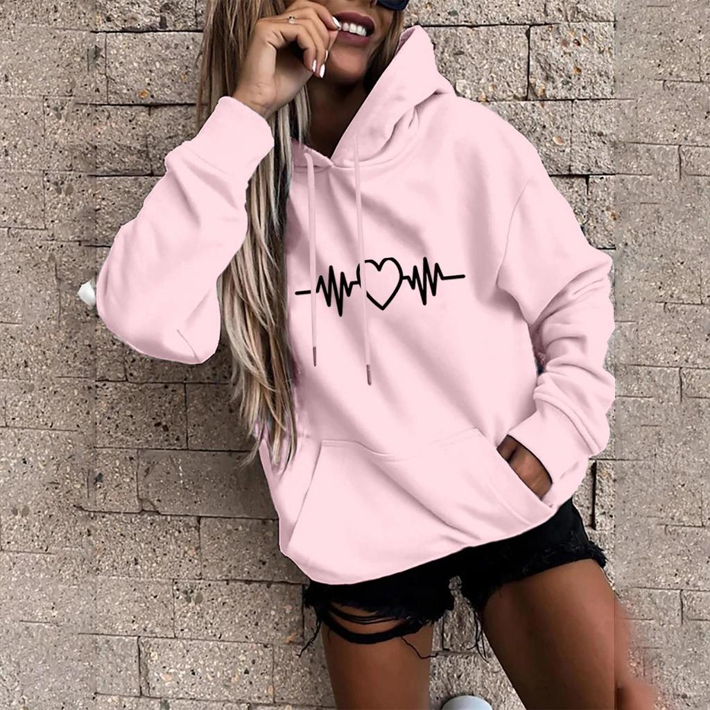 Women Fashion Casual Fun Print Hooded Sweatshirt Loose Sports Tops Pullover