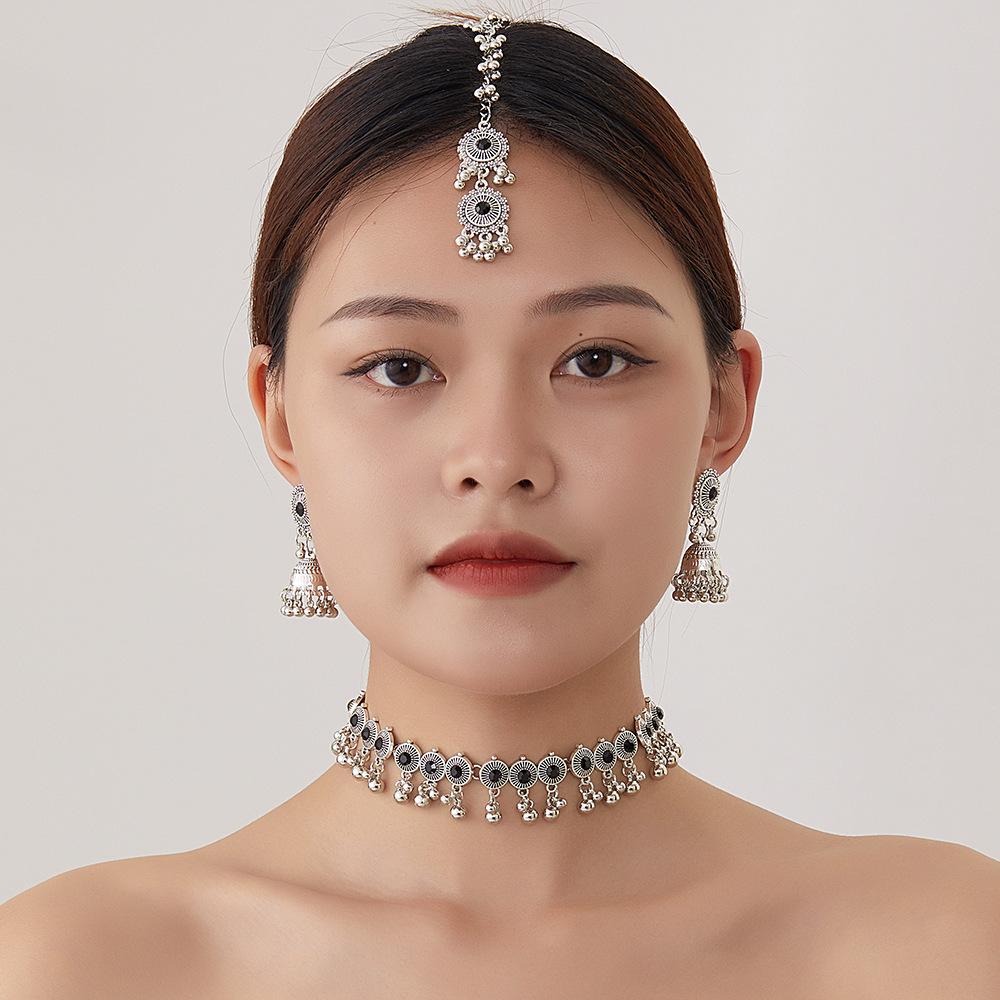 New European and American fashion jewelry, Indian style diamond fringed neck chain earrings, retro personalized necklace set