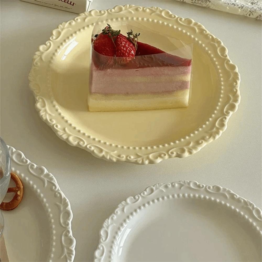 Embossed Design Ceramic Dessert Plate White/Yellow Color Western Dining Tableware Cafe Use
