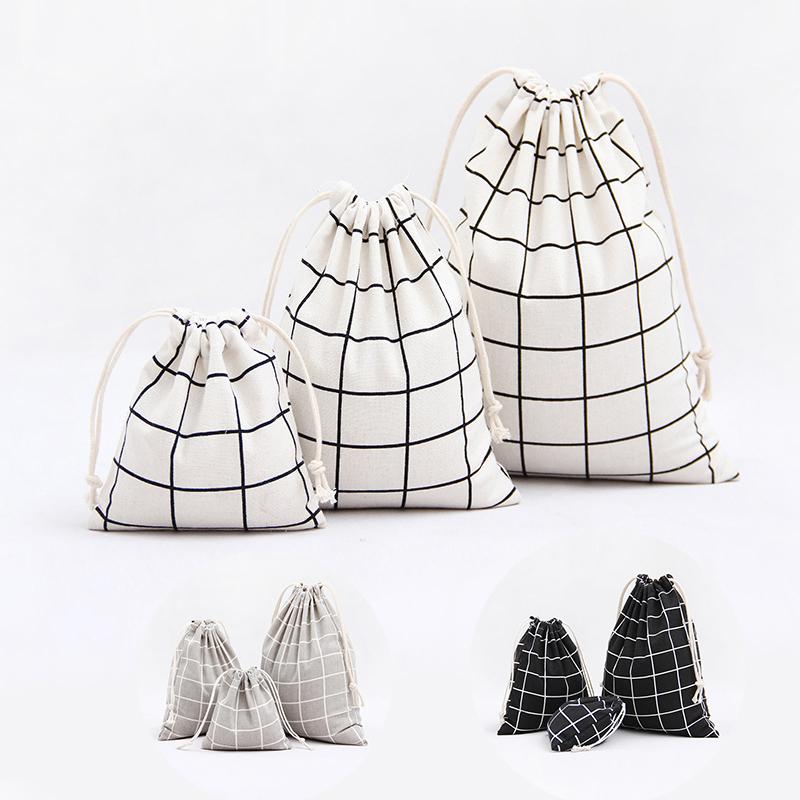3 Pcs/set Simple Cotton Linen Lattice Drawstring Bag Travel Jewelry Phone Cosmetic Canvas Storage Bag