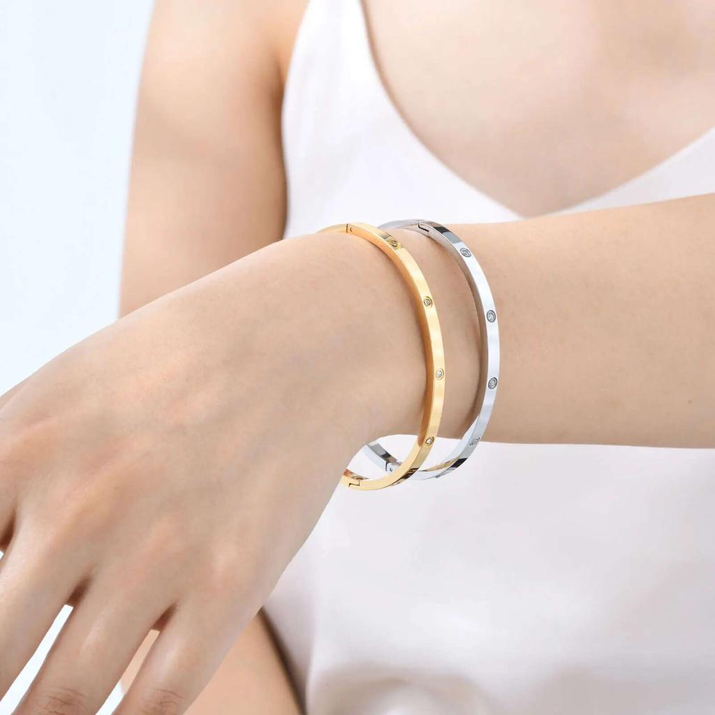 Prjewel Waterproof Luxury Bangles Round Zircon for Women Stainless Steel Wrist Brackets Hand Jewelry Mother's Day Gift