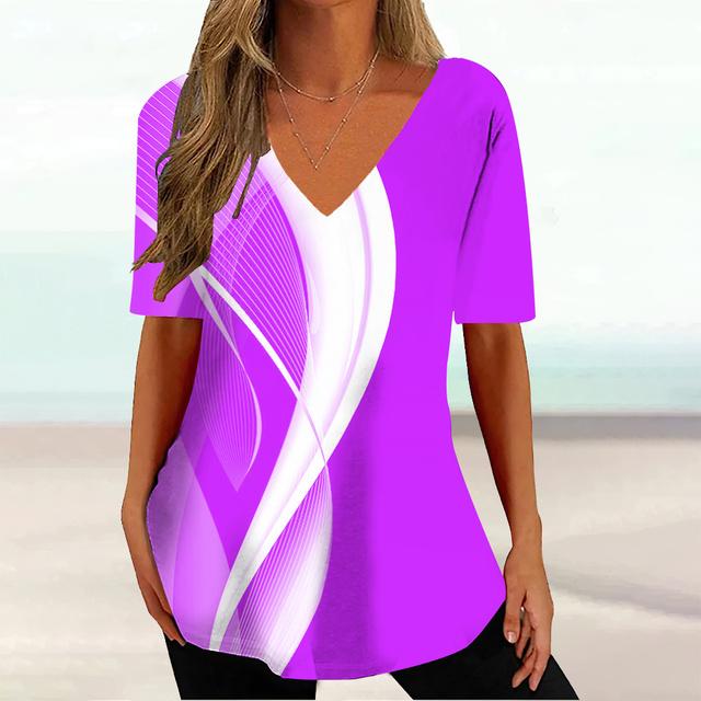 Curved Printed Women's T-Shirt Summer V-Neck Clothes Ladies Casual Short Sleeve Top Loose Fashion Pullover T Shirt for Women