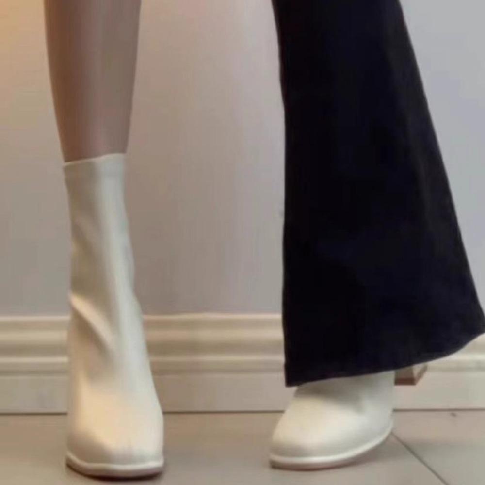Женские Короткие Сапоги Off-White Осень Зима Новый Стиль - 7СМ Высокий Каблук Французский Стиль Стройные Сапоги, Универсальная Стильная Обувь XCY-909