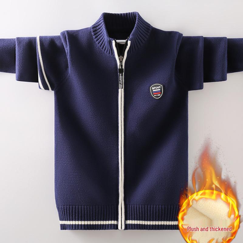 Красный вязаный кардиган на молнии для мальчиков: На флисовой подкладке, из чистого хлопка, толстый шерстяной для осени/зимы