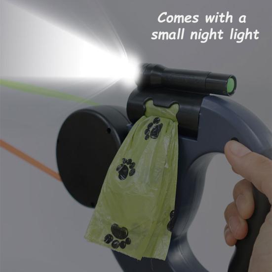 Двойной выдвижной поводок для собак Сверхпрочный Двуглавый поводок для собак с вращающимся на 360 градусов вертлюгом и светодиодной подсветкой для маленьких, средних и крупных собак