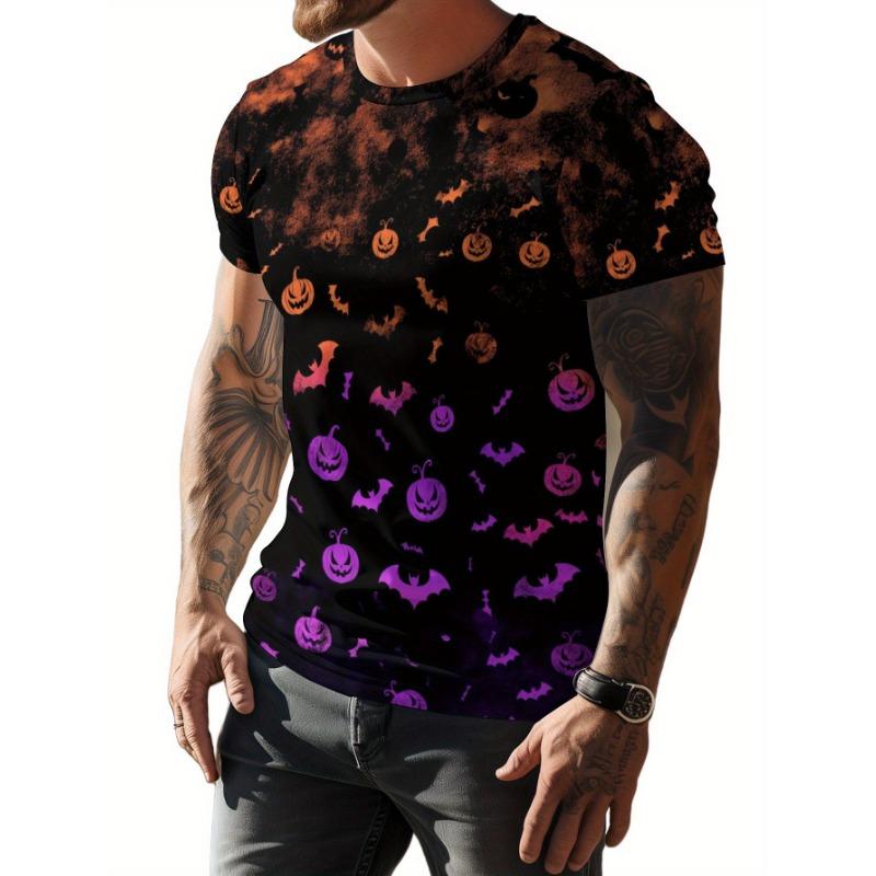 Men's Halloween 3D Pumpkin Bat Printed T-Shirt Casual Short Sleeve Crewneck Top Cool Spooky Jack-O-Lantern Orange Purple Graphic Summer Streetwear Tee