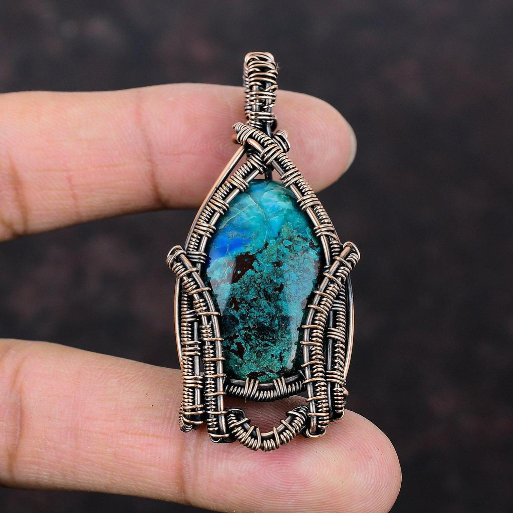 Кулон с хризоколлой, кулон, обмотанный медной проволокой, кулон ручной работы, украшение с хризоколлой, новый кулон, подарок для мамы, медные украшения