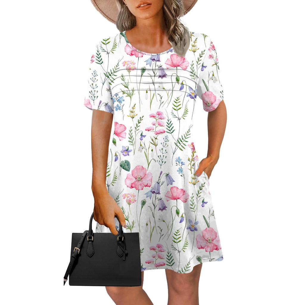Женское летнее винтажное платье с цветочным принтом, повседневное платье с коротким рукавом и круглым карманом