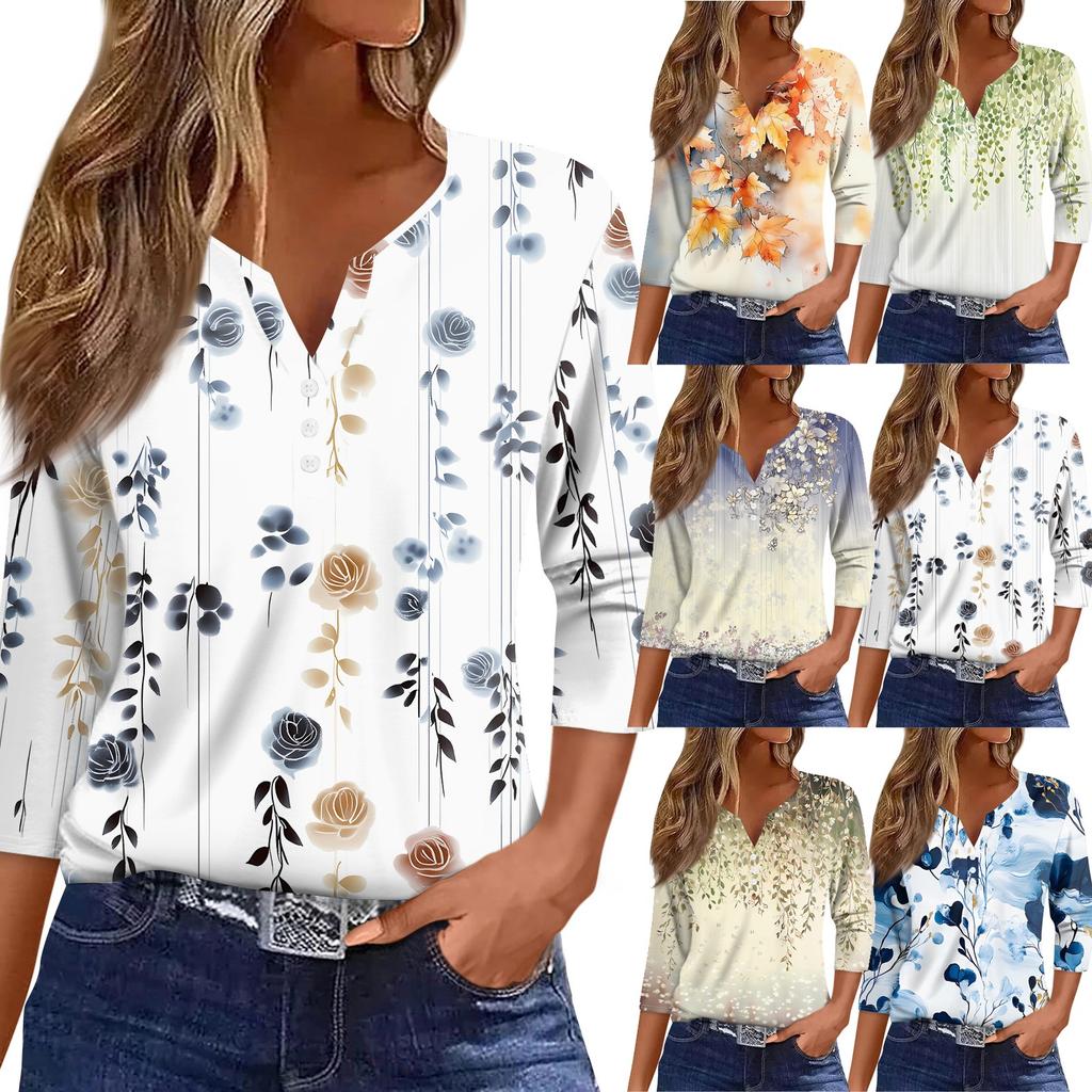 Women's T Shirt Print Button 3/4 Sleeve Daily Weekend Fashion Basic V- Neck Regular Top