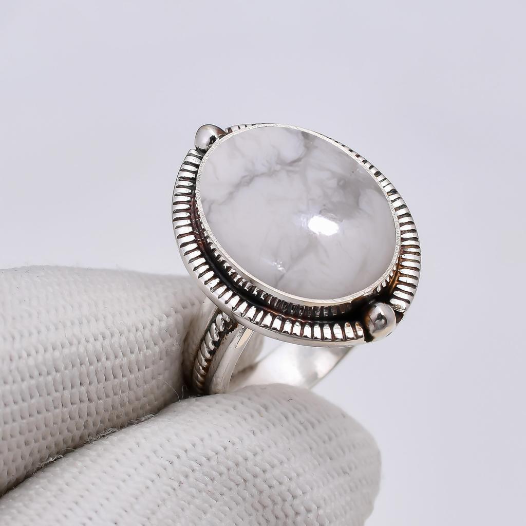 Natural White Howlite - United States 925 Sterling Silver Ring V5087, White Ring, Oval Ring, Valentin's Day Gift, Gift For Her, Birthday Gift, Handmad