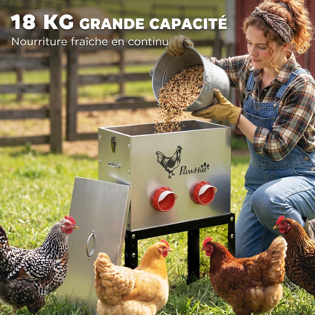 Automatic Chicken Feeder, 27 L, 6 Ports, Lockable Lid, 42 x 25 x 55 cm, Steel
