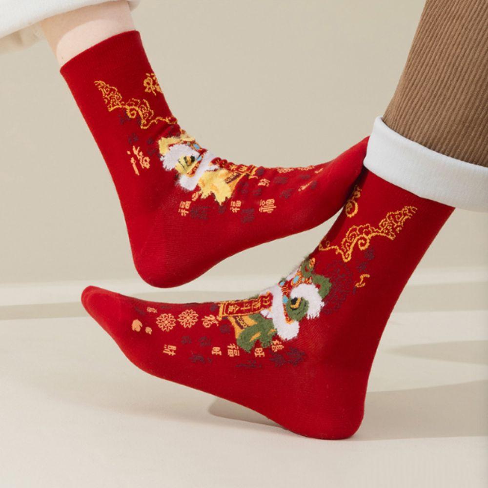 Couple New Year Red Socks Cotton Good Luck Socks Creative Lion Dance Red Socks Gifts