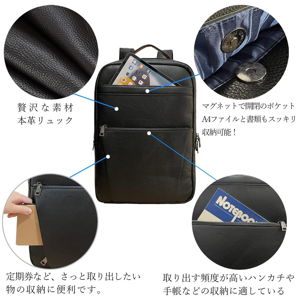 Genuine Cowhide Large Leather Business Business Black [Achiyu] Men's Backpack, Leather, A4, Capacity, Multifunctional, Rucksack, Backpack, Backpack,