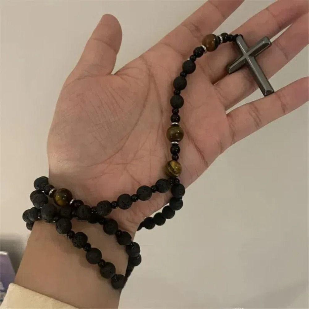 Retro Cross Pendant Beaded Long Necklace Charm Women Men Tiger-eye Beads Necklace Accessory Rosary Neck Jewelry Decoration