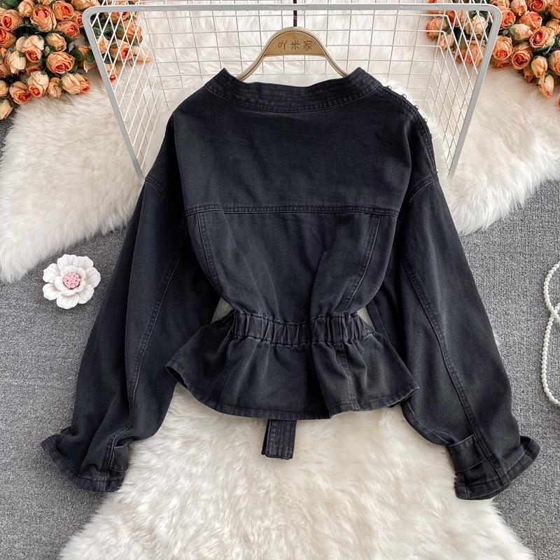 Осенняя женская джинсовая куртка с V-образным вырезом, расшитая бисером, короткие свободные повседневные топы Bf