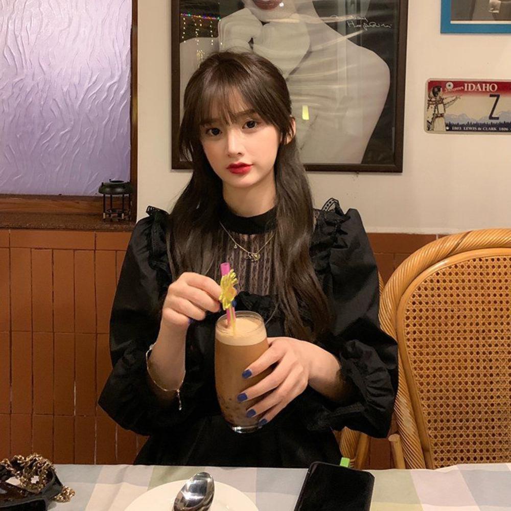 Готическое черное кружевное платье, женское повседневное элегантное вечернее платье миди с рюшами и длинными рукавами, эмо Y2k, готическая одежда, весенне-осенние халаты