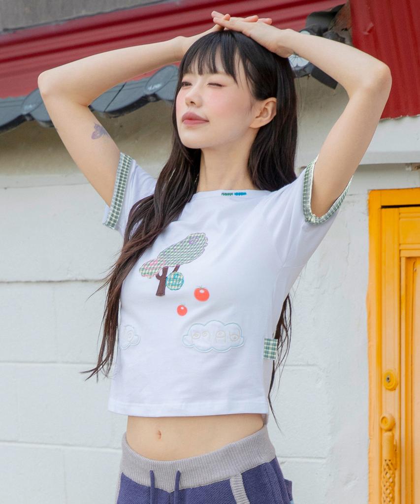 RuNaKi'Hu' Wxt099 Kumo Tomato Check Applique T-Shirt (White)