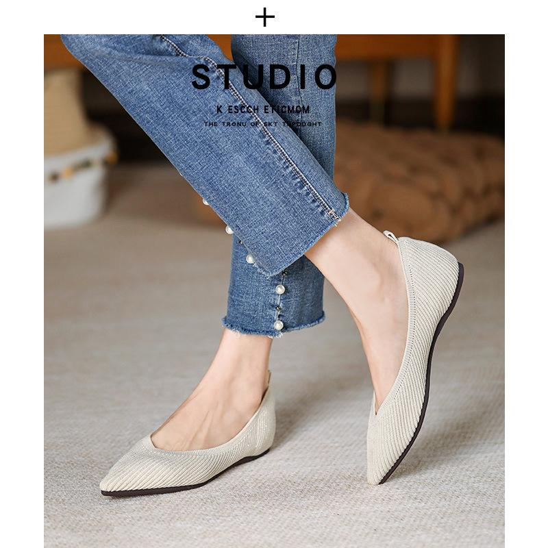 Модные женские туфли принцессы с острым носком и неглубоким вырезом, модные плоские эластичные удобные мягкие нескользящие трикотажные повседневные туфли весна