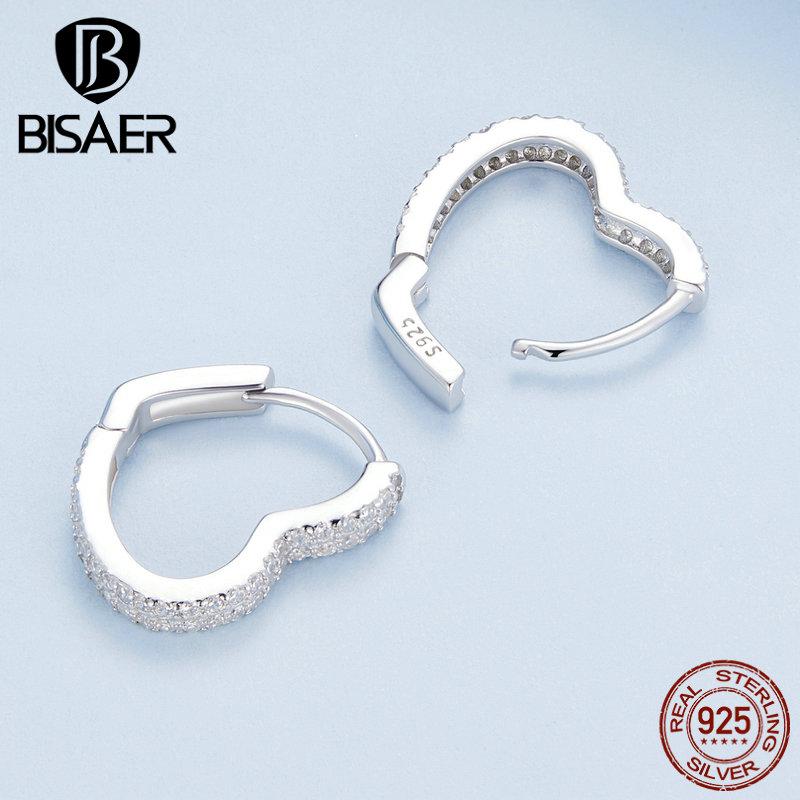 Bisaer 925 Sterling Silver Heart-shaped Ear Buckles Love Hoop Earrings Pave Setting CZ for Women Fine Jewelry Gift