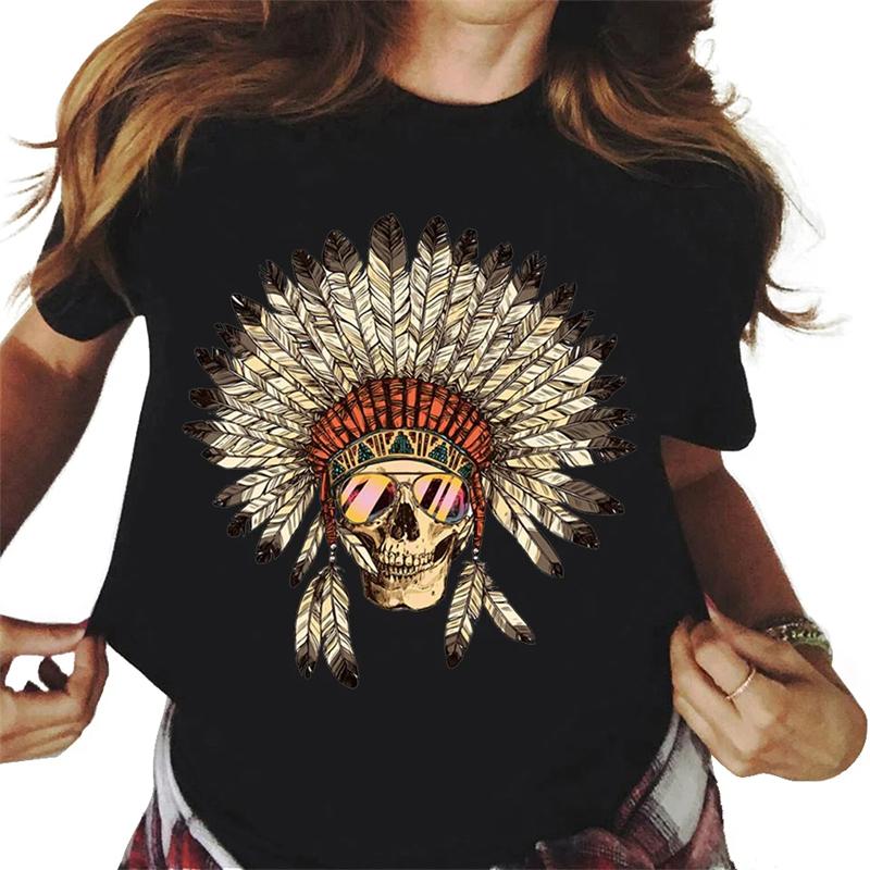 Harajuku Women's T-shirt Fashion Horror Skull Print Personality T-shirt Daily Casual Short Sleeved Unisex Top