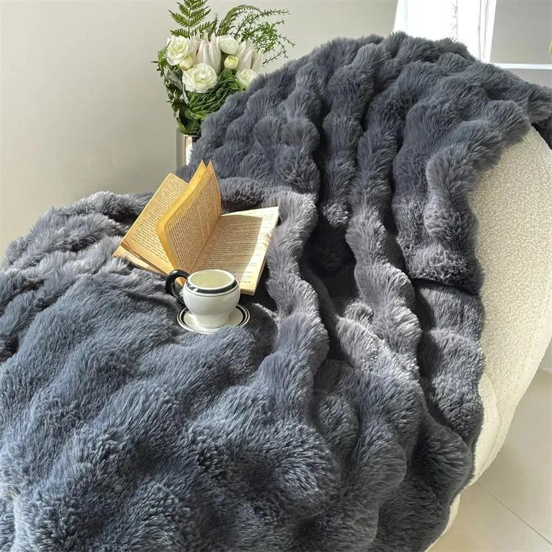 Luxury Double Layer Rabbit Fur Blanket Winter Thick Warm Fluffy Faux Fur Throws Blankets for Sofa Tie-Dye Soft Plush Bed Blanket