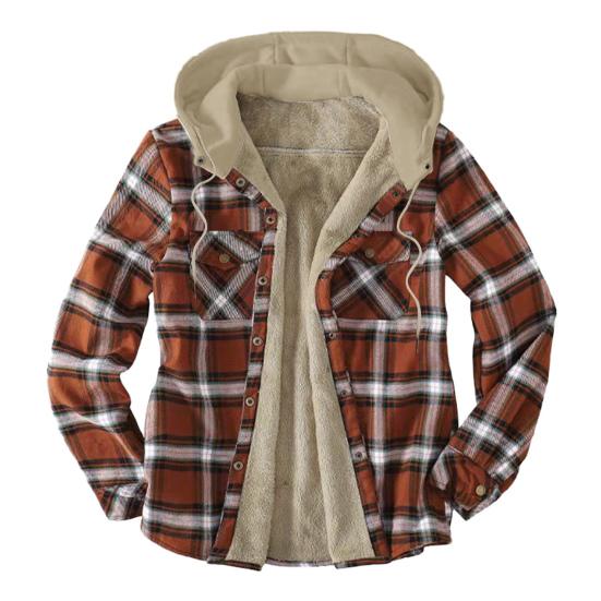 Men Coat Hooded Drawstring Long Sleeve Plaid Print Jacket with Pockets Buttons