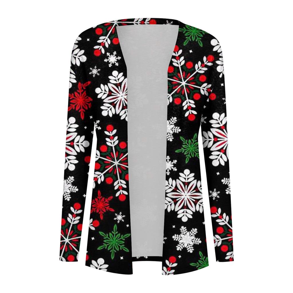 Women's Fashion Casual Christmas Print Medium Length Cardigan Jacket Coat
