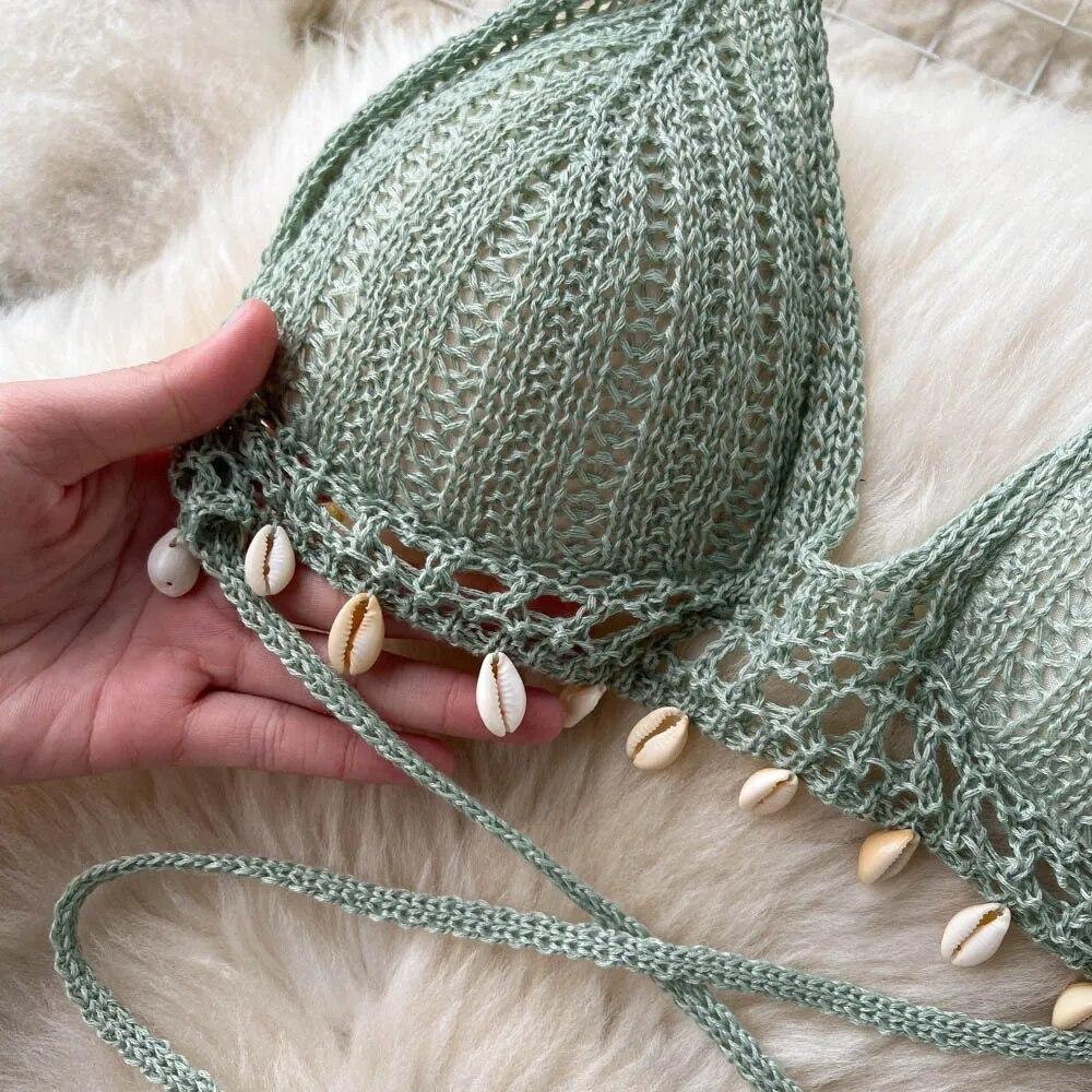 Women Summer Knitted Set Halter Short Tops+ Hollow Wide Leg Long Pants Sets Shell Beach Sexy Backless Two Piece Suits