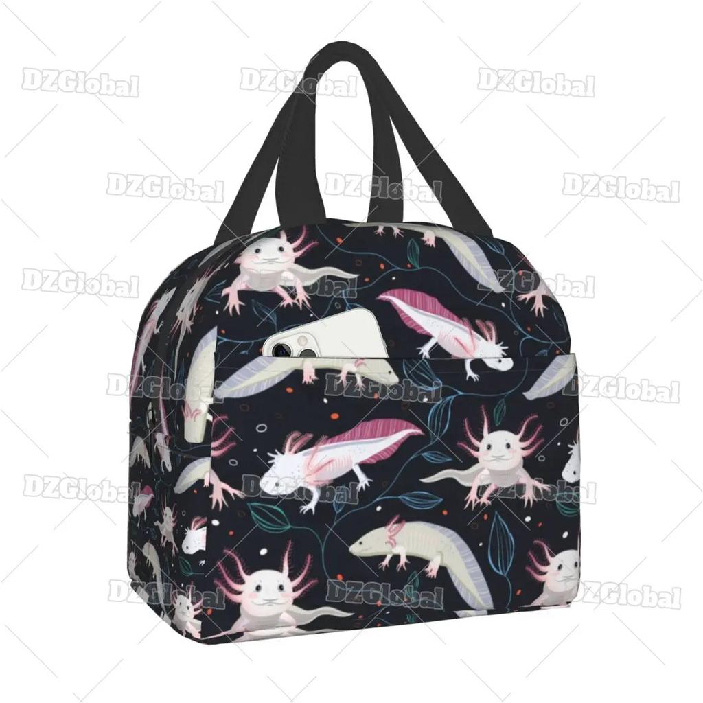 Милая сумка для ланча с аксолотлем, с термоизоляцией, для школы, офиса, с мультяшной саламандрой, животным, портативная, термокулер, для бенто-бокса, для женщин, детей