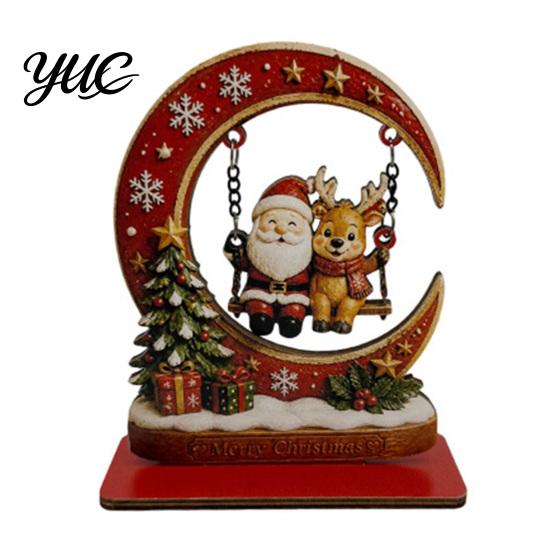 Compact Festive Tabletop Accents Wooden Christmas Tree Ornament, Santa Snowman Reindeer Crescent Moon Swing Desktop Ornament Decor for Home