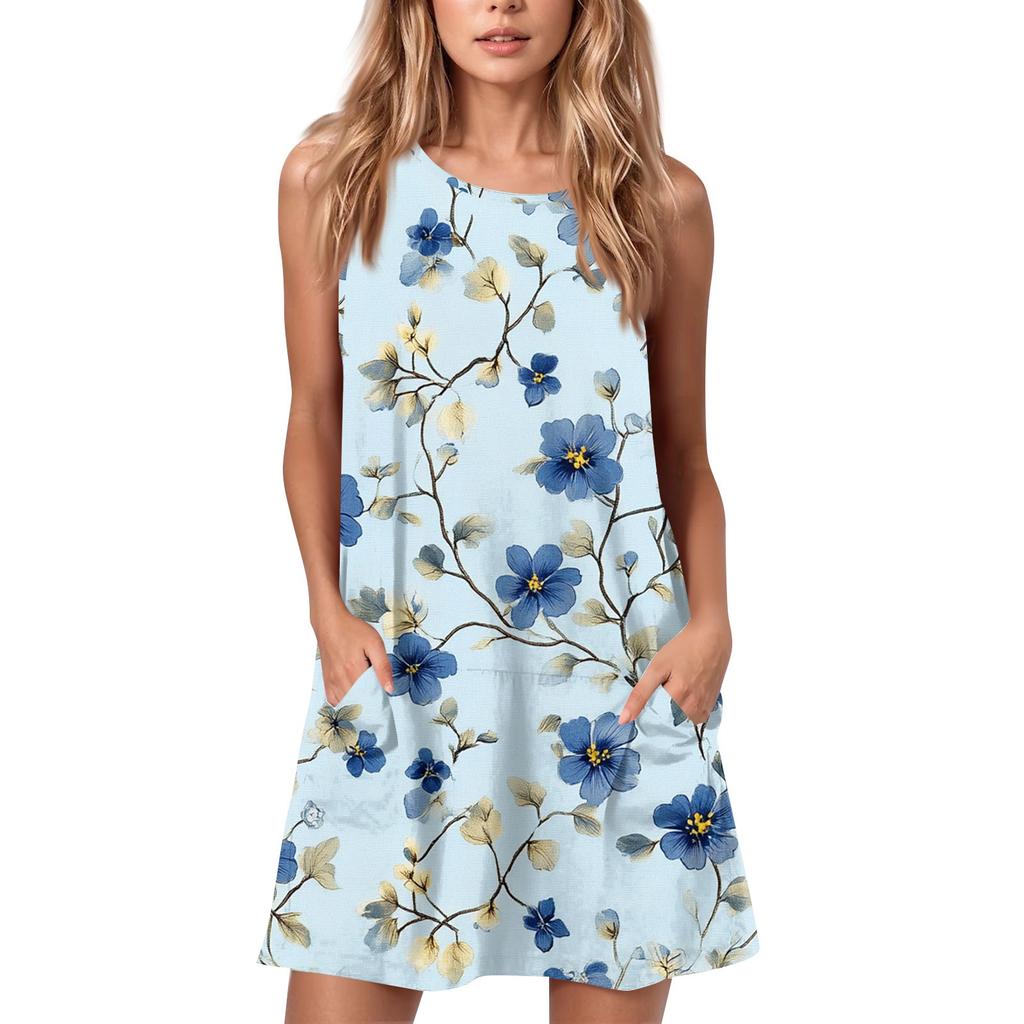 Женское летнее повседневное платье с круглым вырезом и принтом, платье без рукавов с карманами