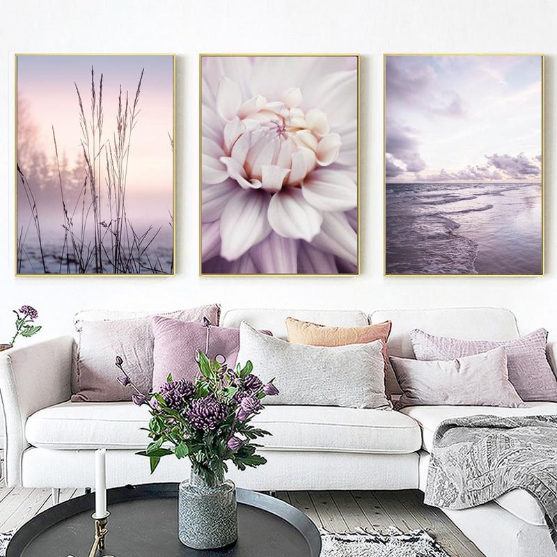 Nature Landscape Canvas Painting Beige Purple Flower Sunset Scandinavian Art Poster Print Nordic Room Wall Decoration Picture