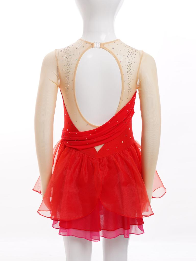 Костюм для фигурного катания для девочек, лирическое балетное танцевальное платье с вырезом на спине, блестящие стразы, современная лирическая танцевальная одежда