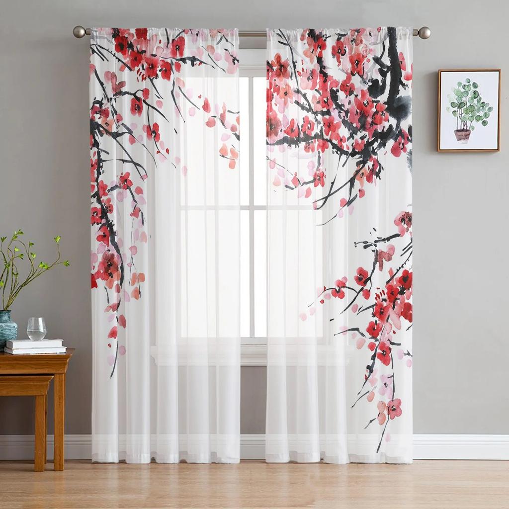 Red Flowers Planks Leaves Plant Tulle Sheer Curtains for Living Room Decoration Window Curtain for Bedroom Voile Organza Drapes