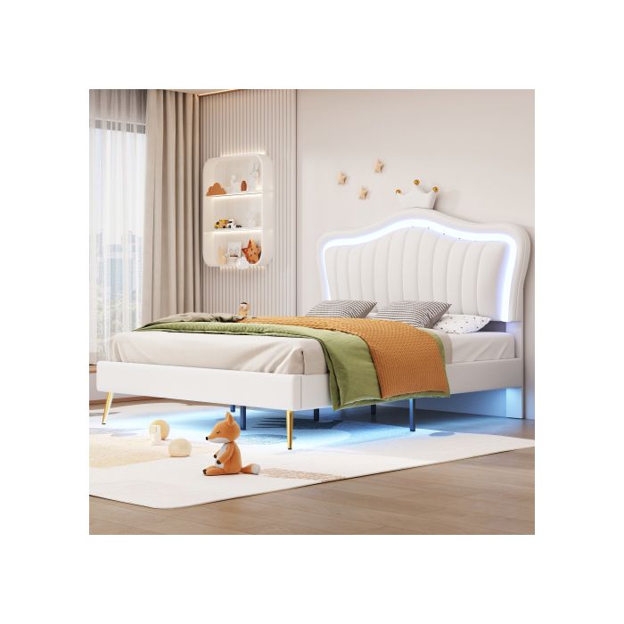 Lit d'enfant - MUVOE - 140 x 200 cm - Cuir PU blanc - Éclairage LED - Design coquillage
