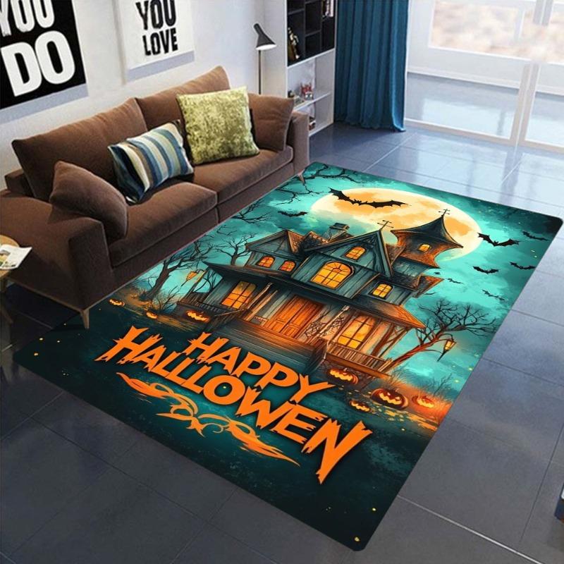 Halloween Carpet Mat Rug Gothic Pumpkin Skull Witch Hat Haunted House Bat Print Festive Home Decoration Living Room Floor Decor
