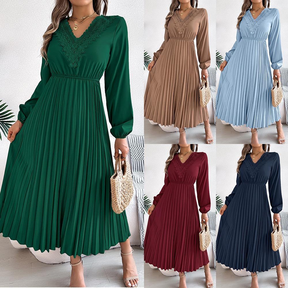 Spring and Summer Elegant Temperament V-neck Lace Waisted Pleated Long Women's Dresses Long Skirts
