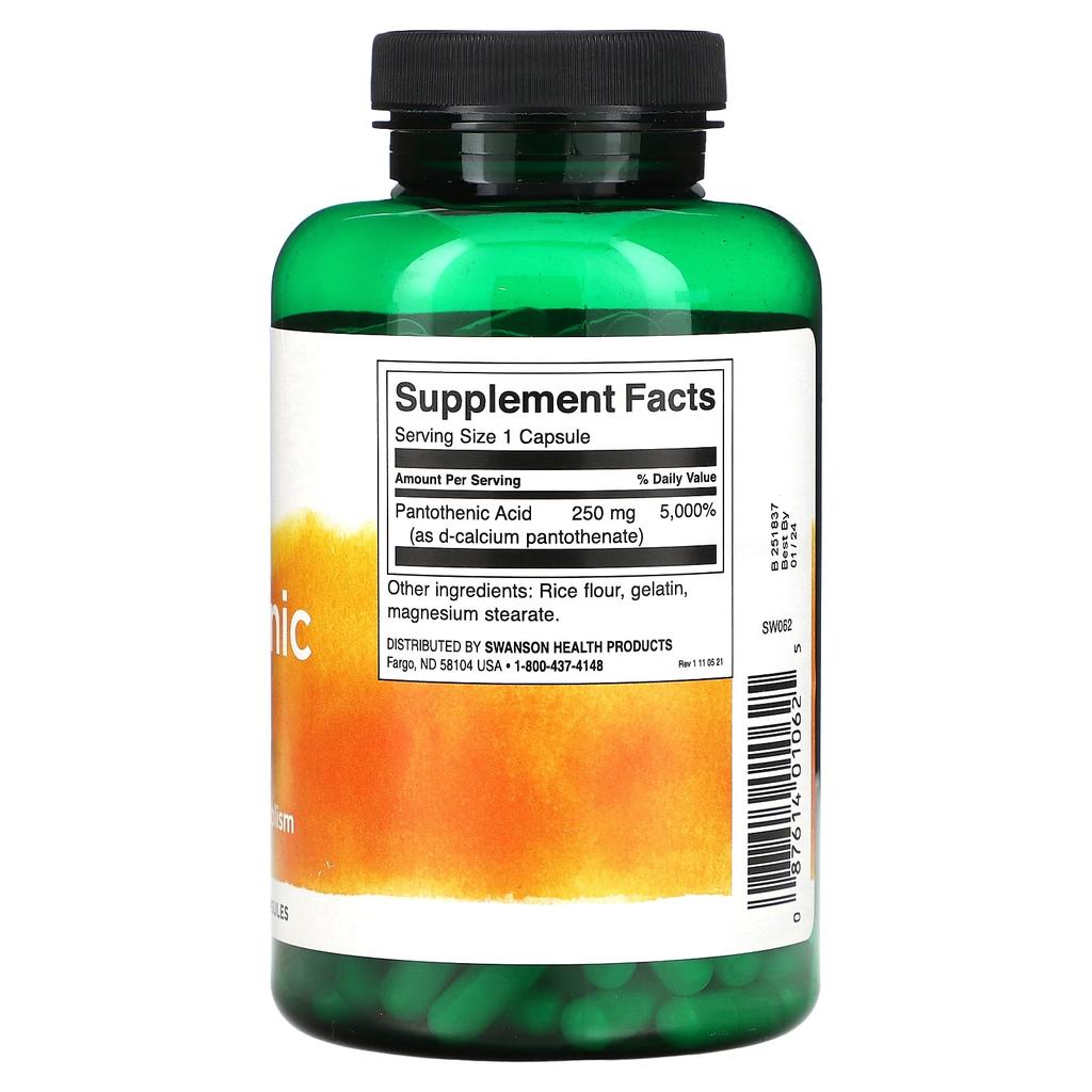 Pantothenic Acid with Vitamin B5, 250Mg, 250 Capsules